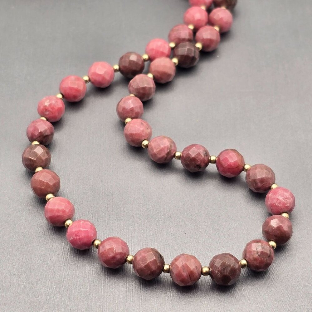VTG Faceted Rhodonite 8mm Beaded Necklace 16" GF 14K Spring Clasp & Spacers